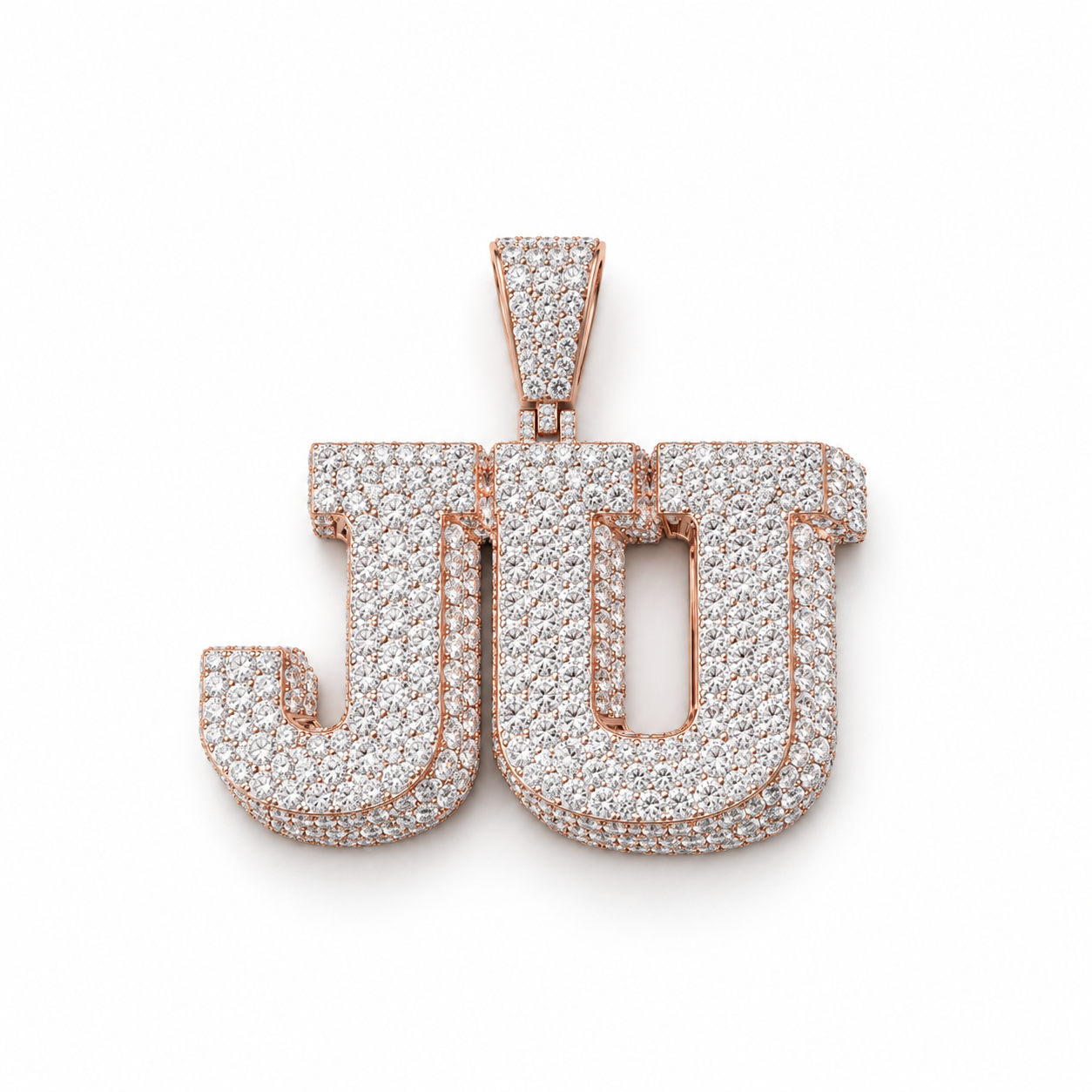 Custom JU Initial Iced Out Rose Gold-Tone Pendant – Personalized Double Letter Hip Hop Jewelry