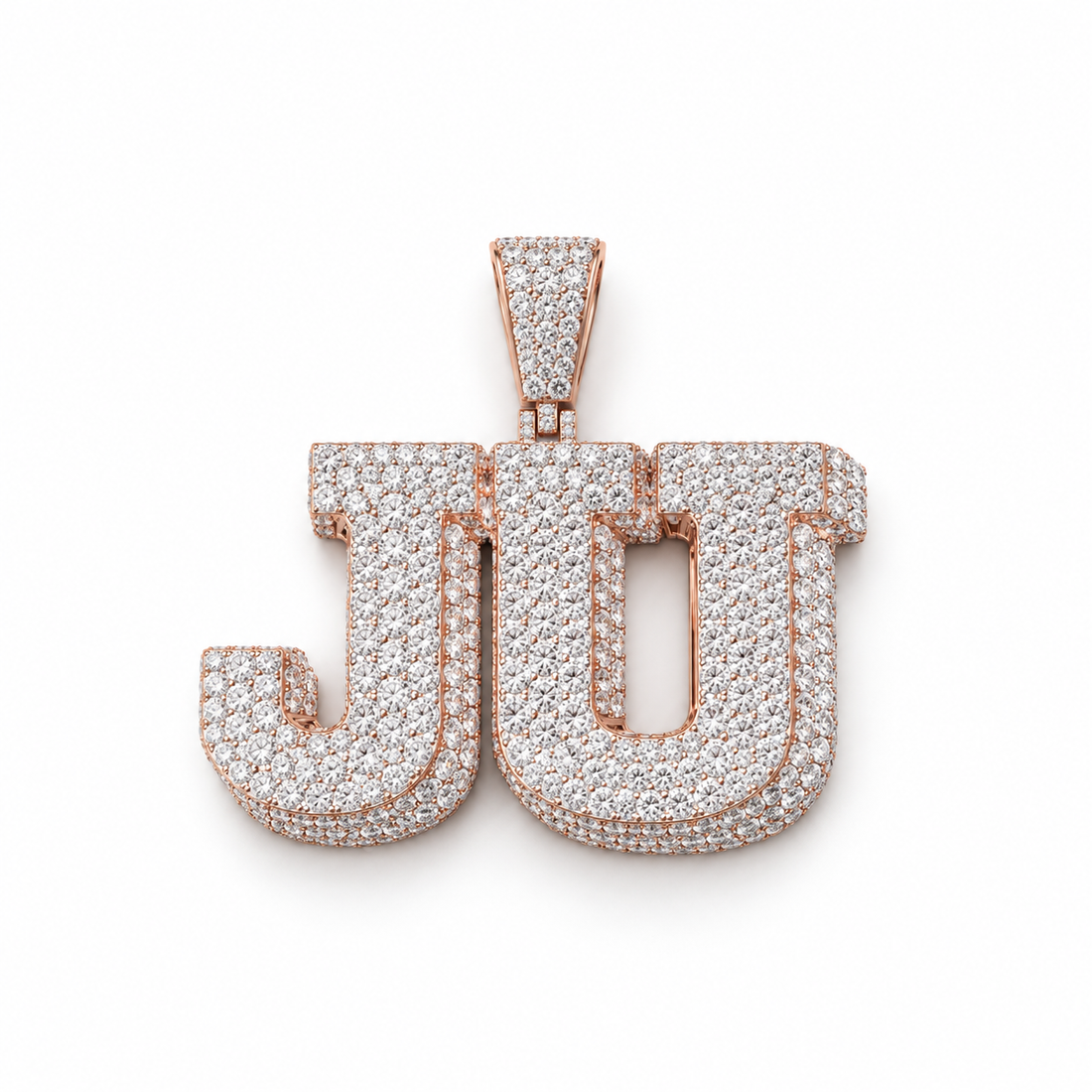 Custom JU Initial Iced Out Rose Gold-Tone Pendant – Personalized Double Letter Hip Hop Jewelry