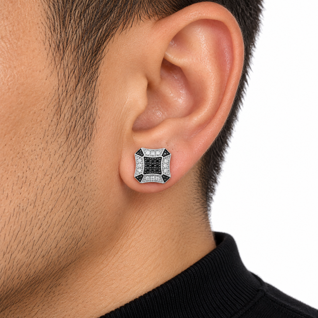Men’s Black and Clear Stone Geometric Silver-Tone Screw-Back Stud Earring