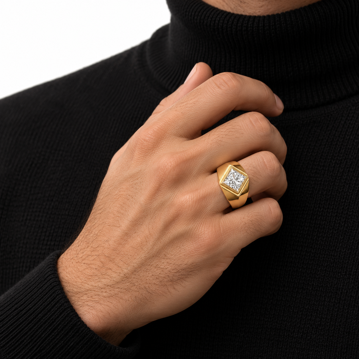 Princess Cut Solitaire Yellow Gold-Tone Geometric Signet Ring