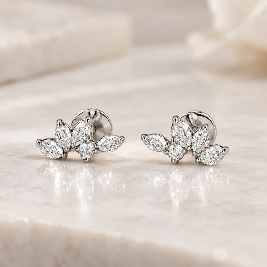 Marquise & Round Stone Leaf Cluster Stud Earrings