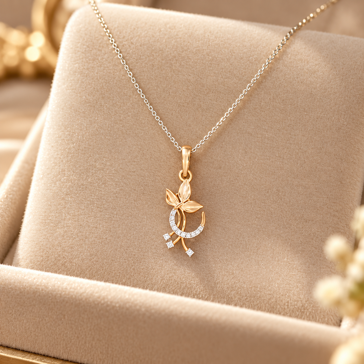 Three Leaf Pavé Crescent Two Tone Gold Pendant Necklace
