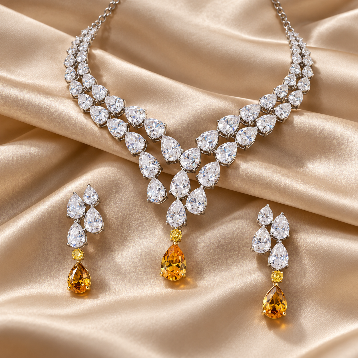 Double-Row Pear-Cut Bridal Necklace and Earrings Set with Amber-Orange Drops