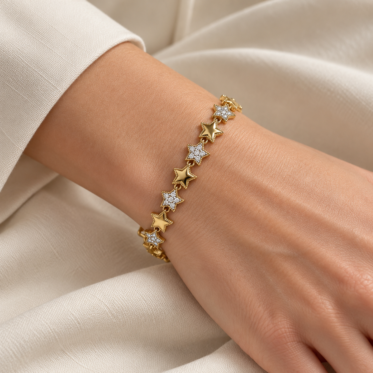 Clear Stone Pavé and Polished Star Yellow Gold-Tone Link Bracelet