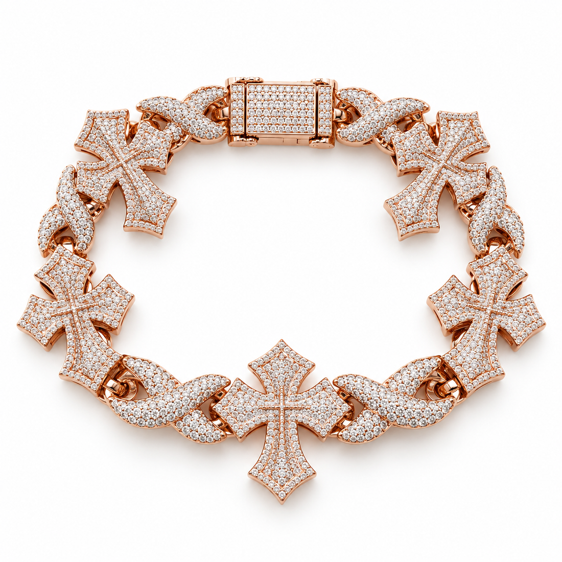 Outlined Pavé Cross & Infinity Link Rose Gold-Tone Bracelet – Custom Iced Out Hip Hop Jewelry