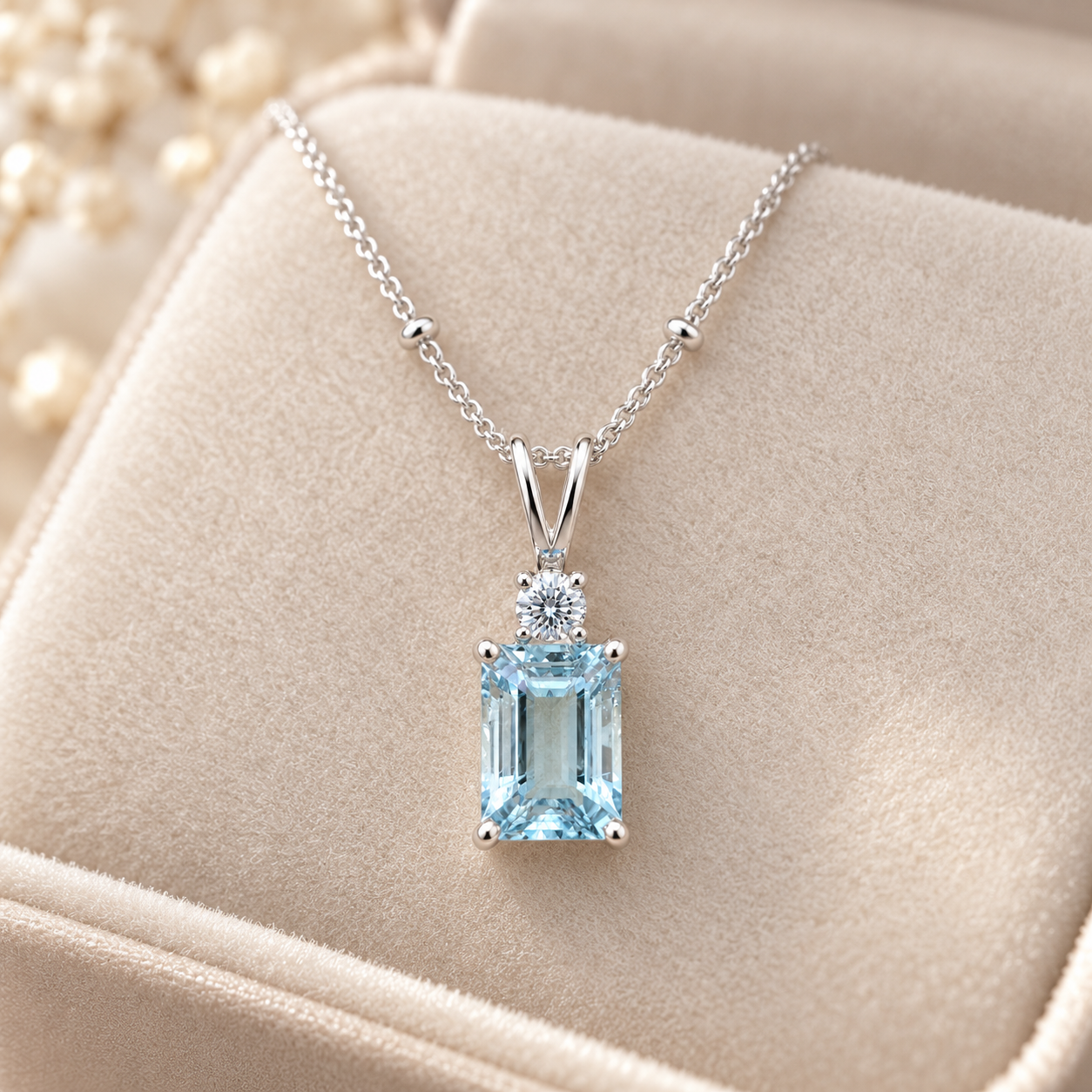 Emerald Cut Light Blue Stone White Gold Pendant Necklace