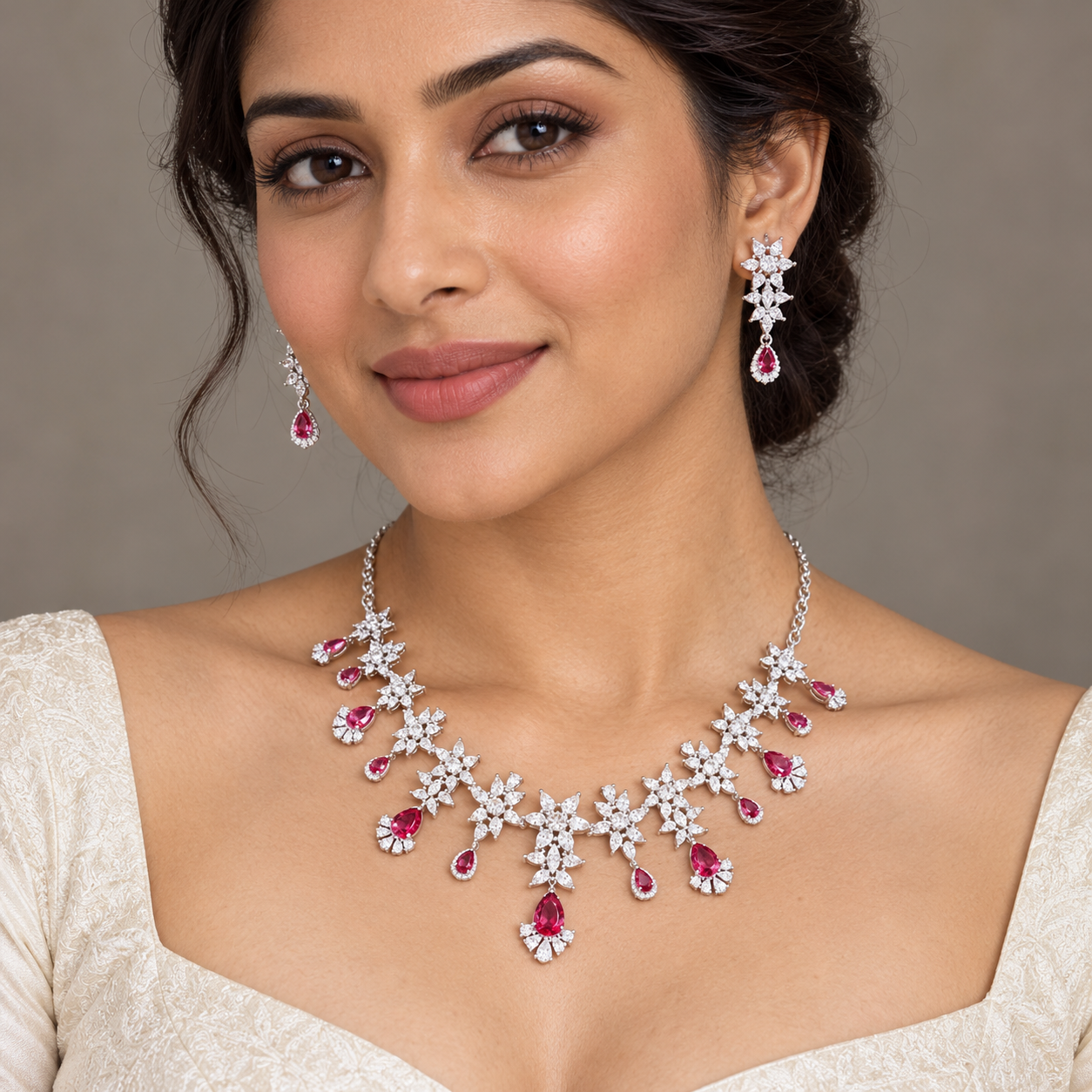 Pink Pear Drop Floral Cluster White-Tone Bridal Necklace and Earrings Set