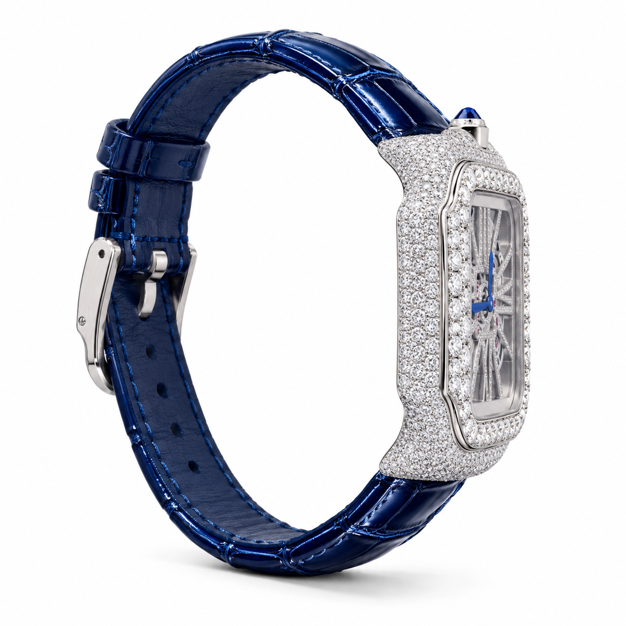 Iced Out Square Skeleton Dial Watch with Blue Strap – Custom Diamond Statement Watch