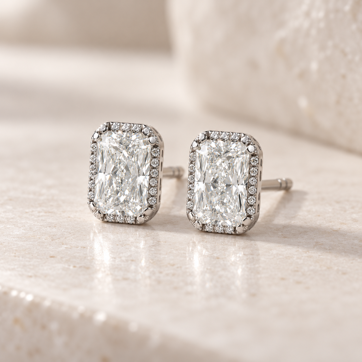 Radiant Cut Halo Stud Earrings with Screw Backs