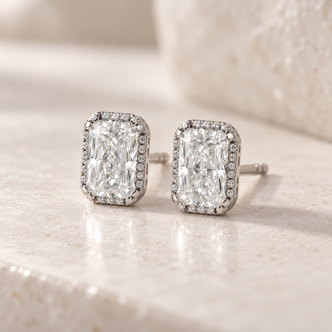 Radiant Cut Halo Stud Earrings with Screw Backs