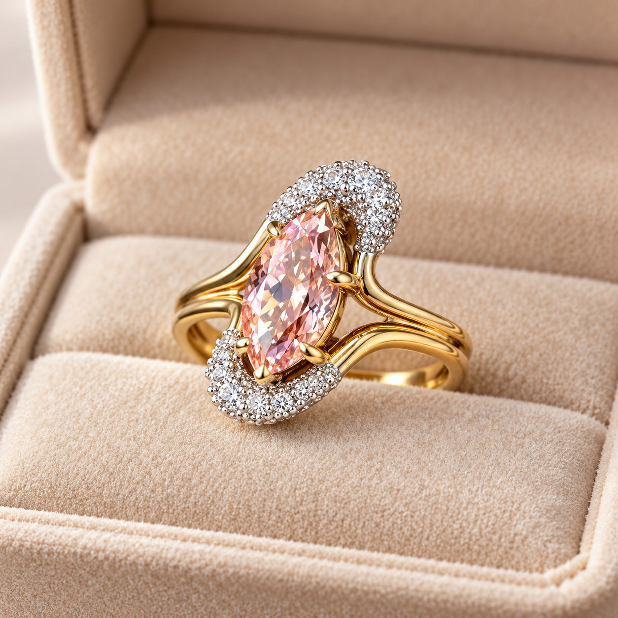 Women’s Pink Marquise Two-Tone Pavé Crescent Split-Shank Ring