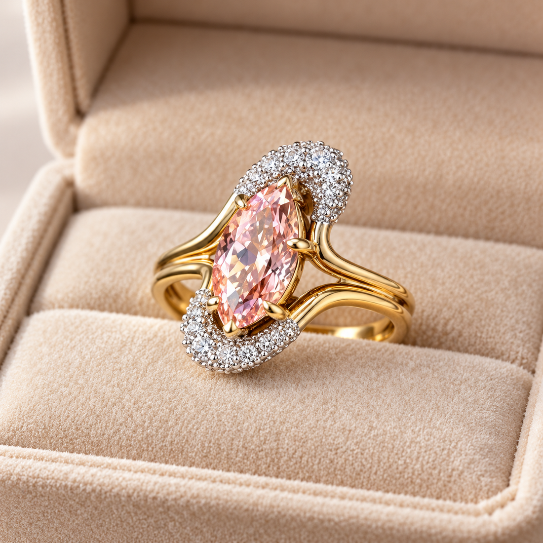 Women’s Pink Marquise Two-Tone Pavé Crescent Split-Shank Ring