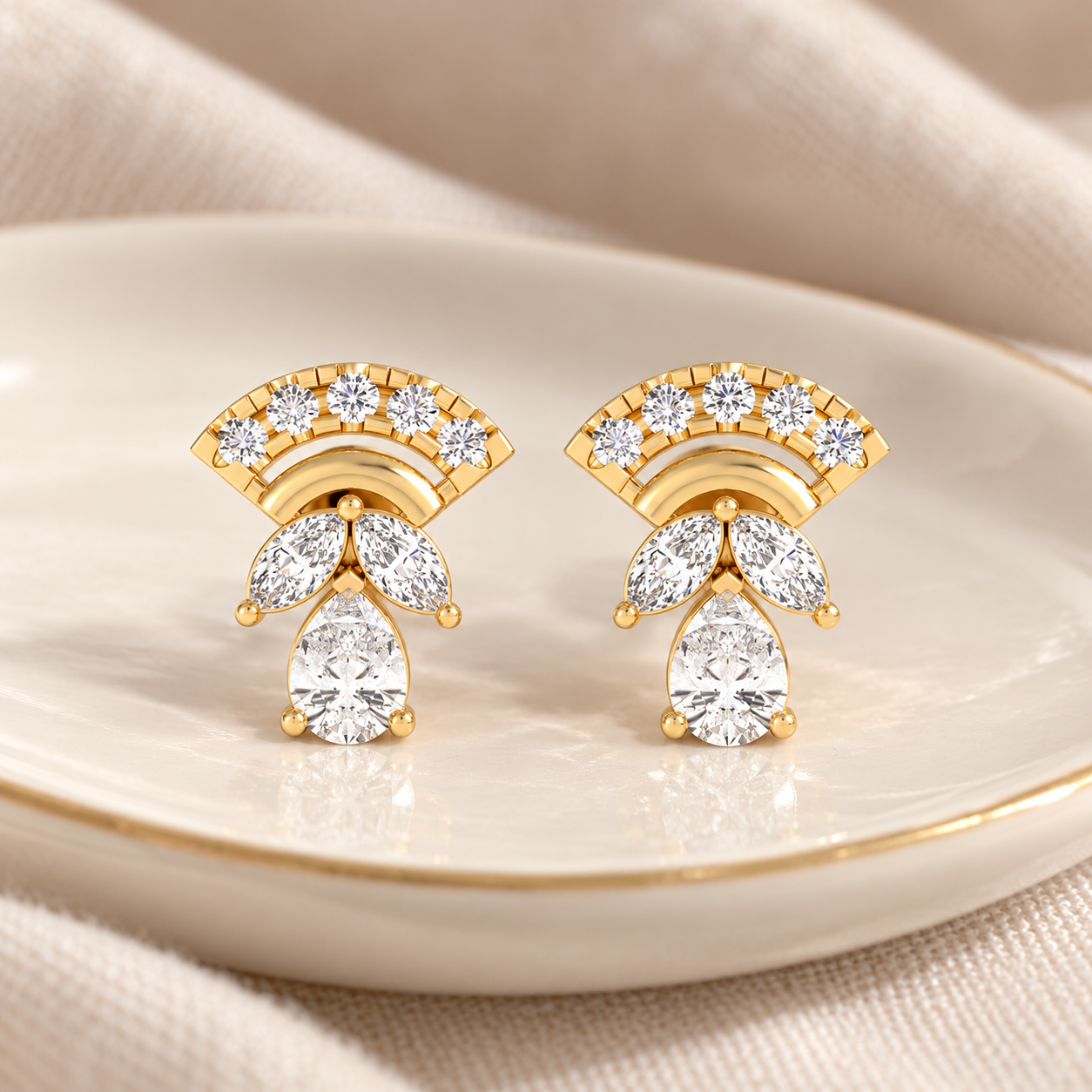 Fan-Shaped Marquise & Pear-Cut Yellow Gold Stud Earrings