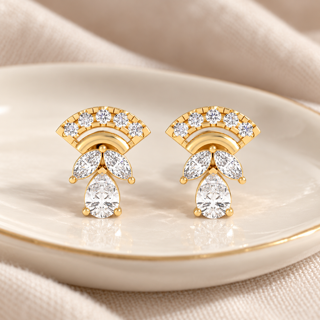 Fan-Shaped Marquise & Pear-Cut Yellow Gold Stud Earrings