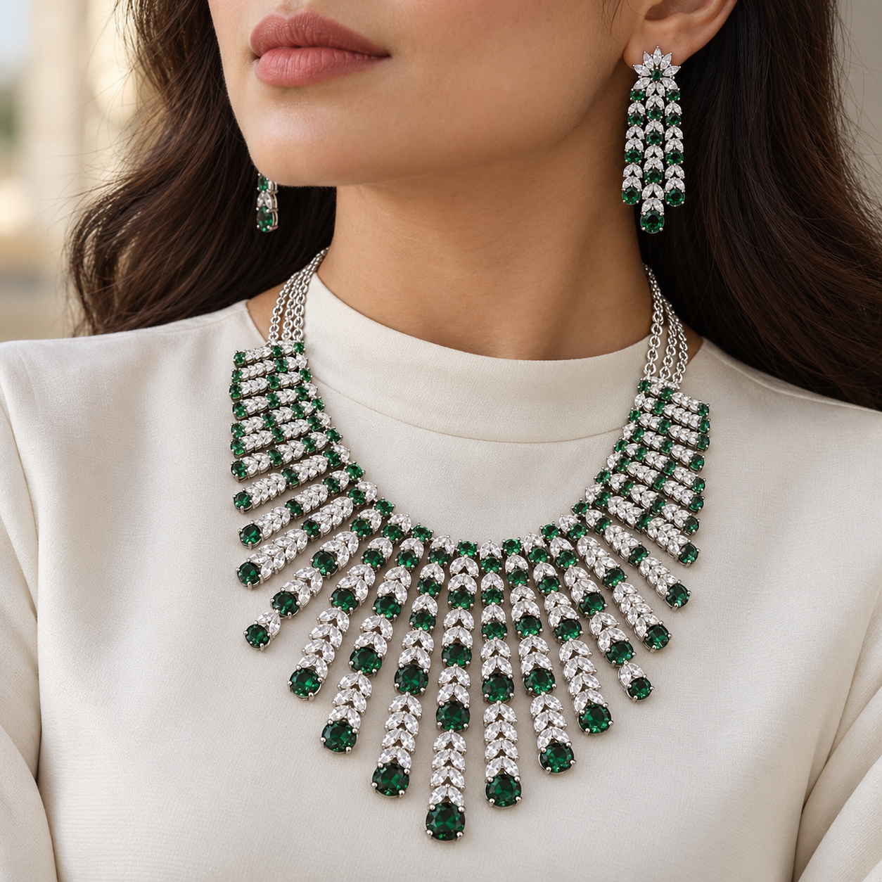 Green Stone and Marquise Leaf Fringe Bridal Necklace and Earrings Set