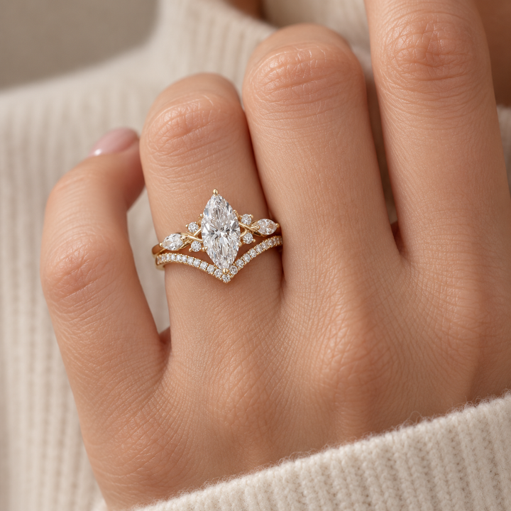 Marquise-Cut Yellow Gold-Tone Bridal Ring Set with Pavé Chevron Band