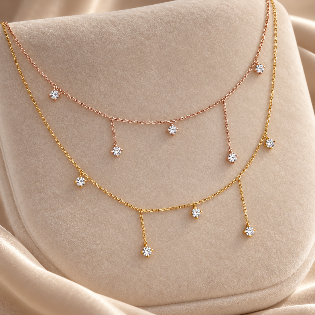 Two Tone Double Layer Round Cut Diamond Drop Gold Necklace
