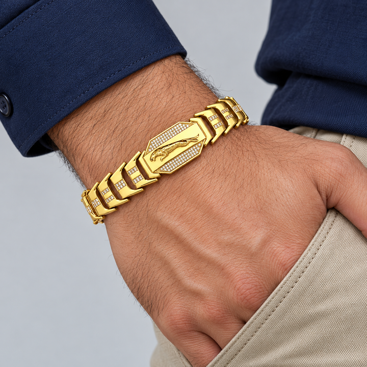 Gold-Tone Leaping Panther Motif and Clear Stone Panel Link Bracelet