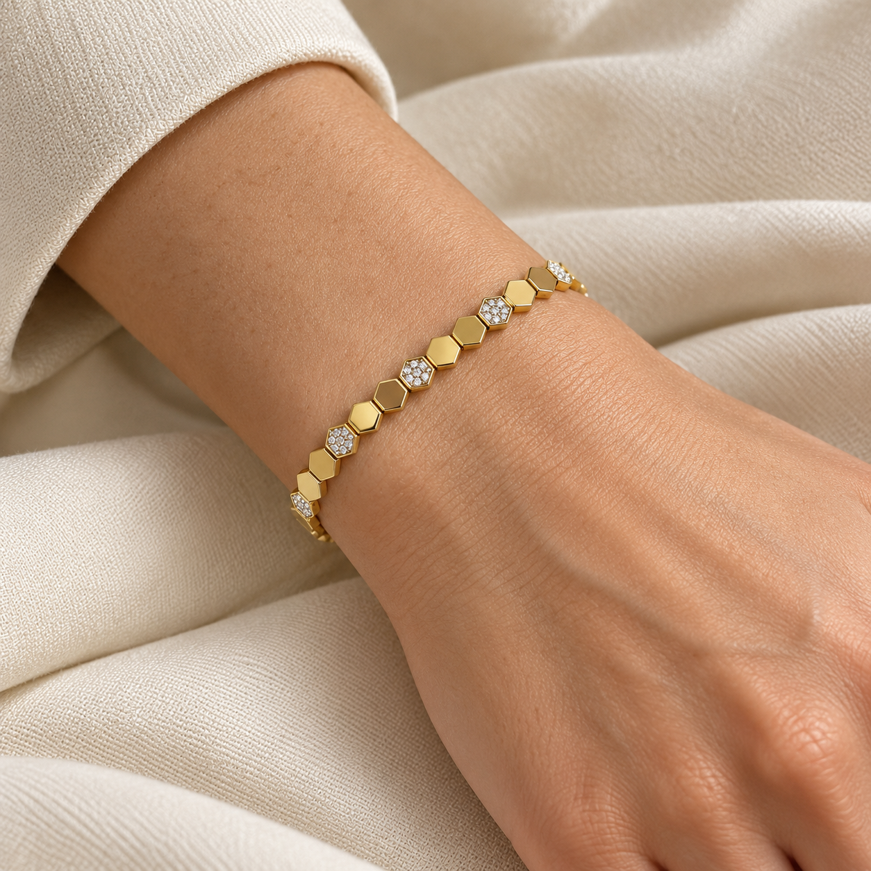 Clear Stone Pavé Octagon Yellow Gold-Tone Link Bracelet