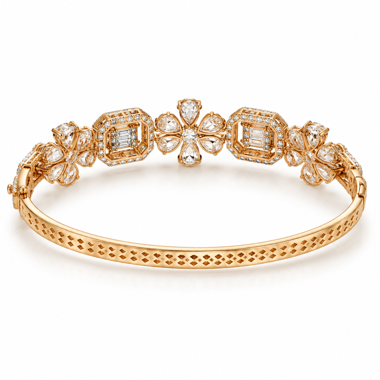 Pear-Cut Flower & Square Halo Gold-Tone Bangle Bracelet