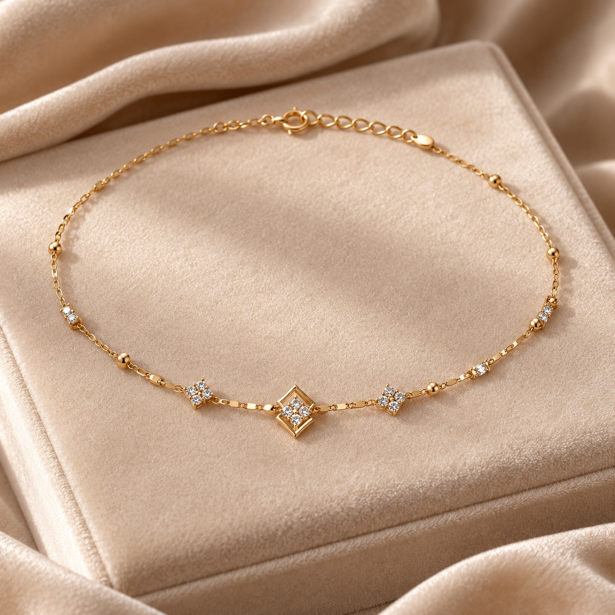 Three Floral Clover Station Yellow Gold Beaded Necklace