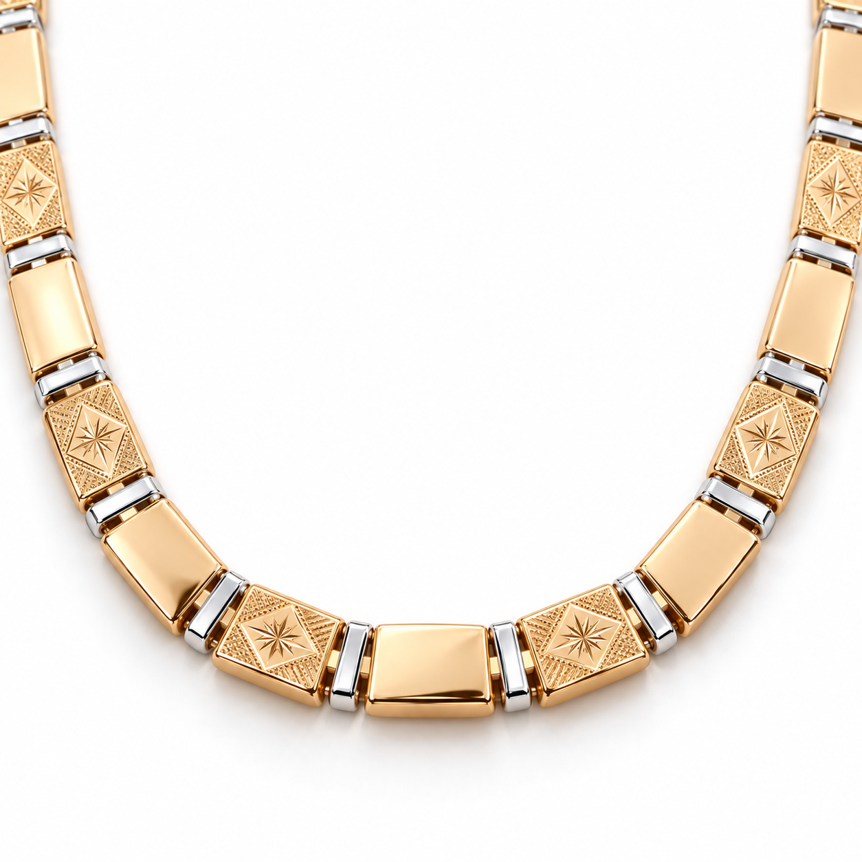 Two-Tone Engraved Starburst Link Necklace