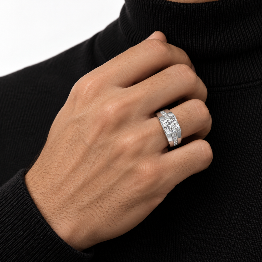Princess Cut Center Stone White Metal Ring with Channel Set Shoulders
