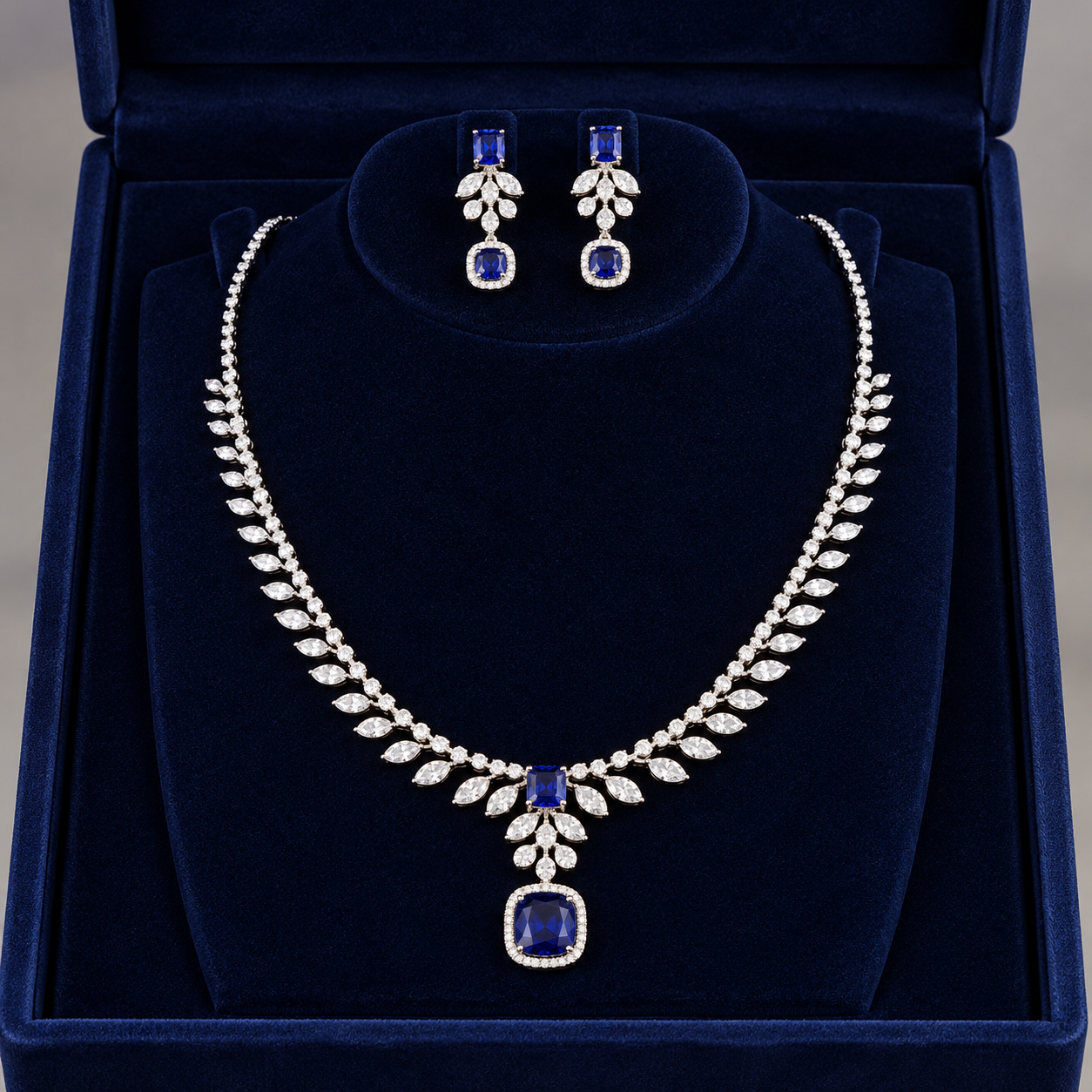 Royal Blue Halo Drop and Marquise Leaf Bridal Necklace and Earrings Set
