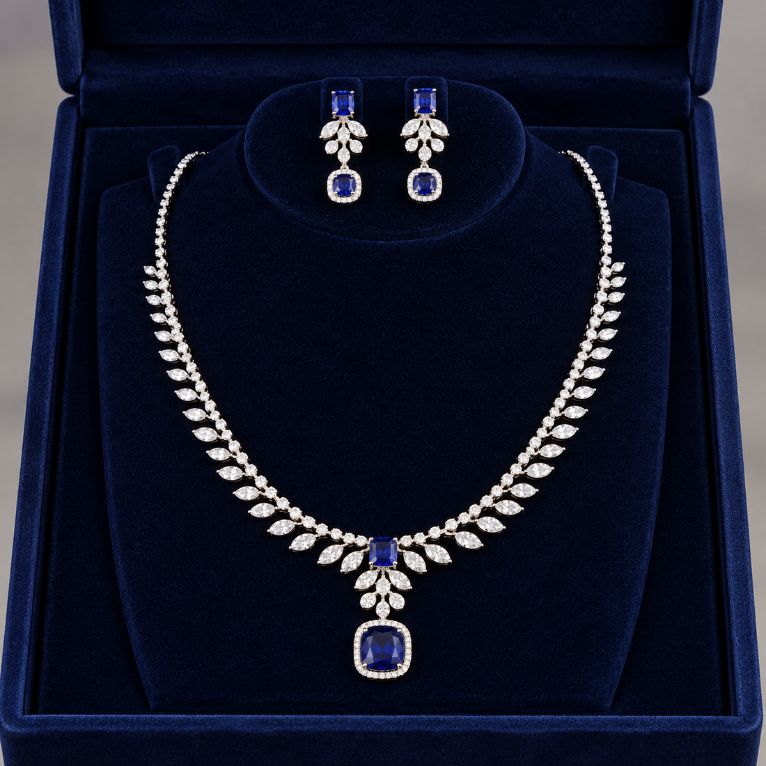 Royal Blue Halo Drop and Marquise Leaf Bridal Necklace and Earrings Set