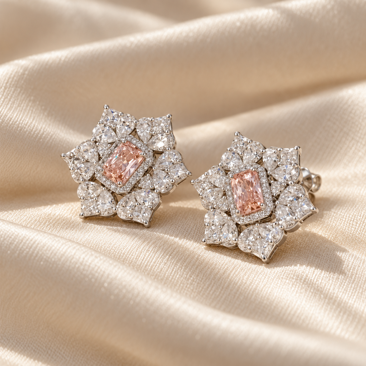 Pink Rectangular Halo Floral Cluster White-Tone Stud Earrings