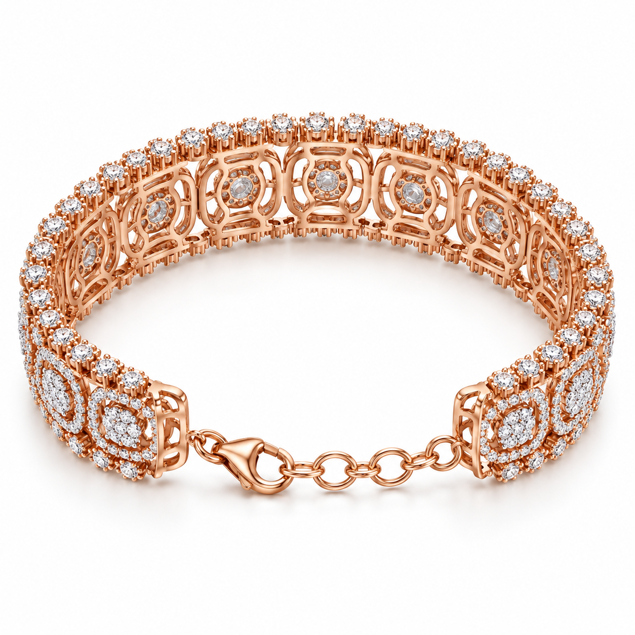 Rose Gold-Tone Cushion Halo Cluster Wide Bracelet