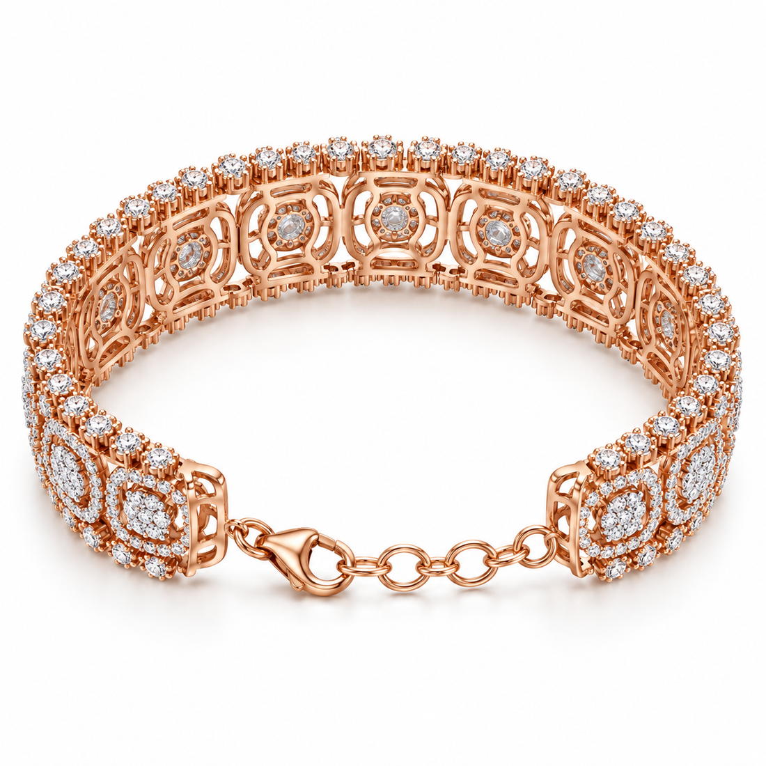 Rose Gold-Tone Cushion Halo Cluster Wide Bracelet