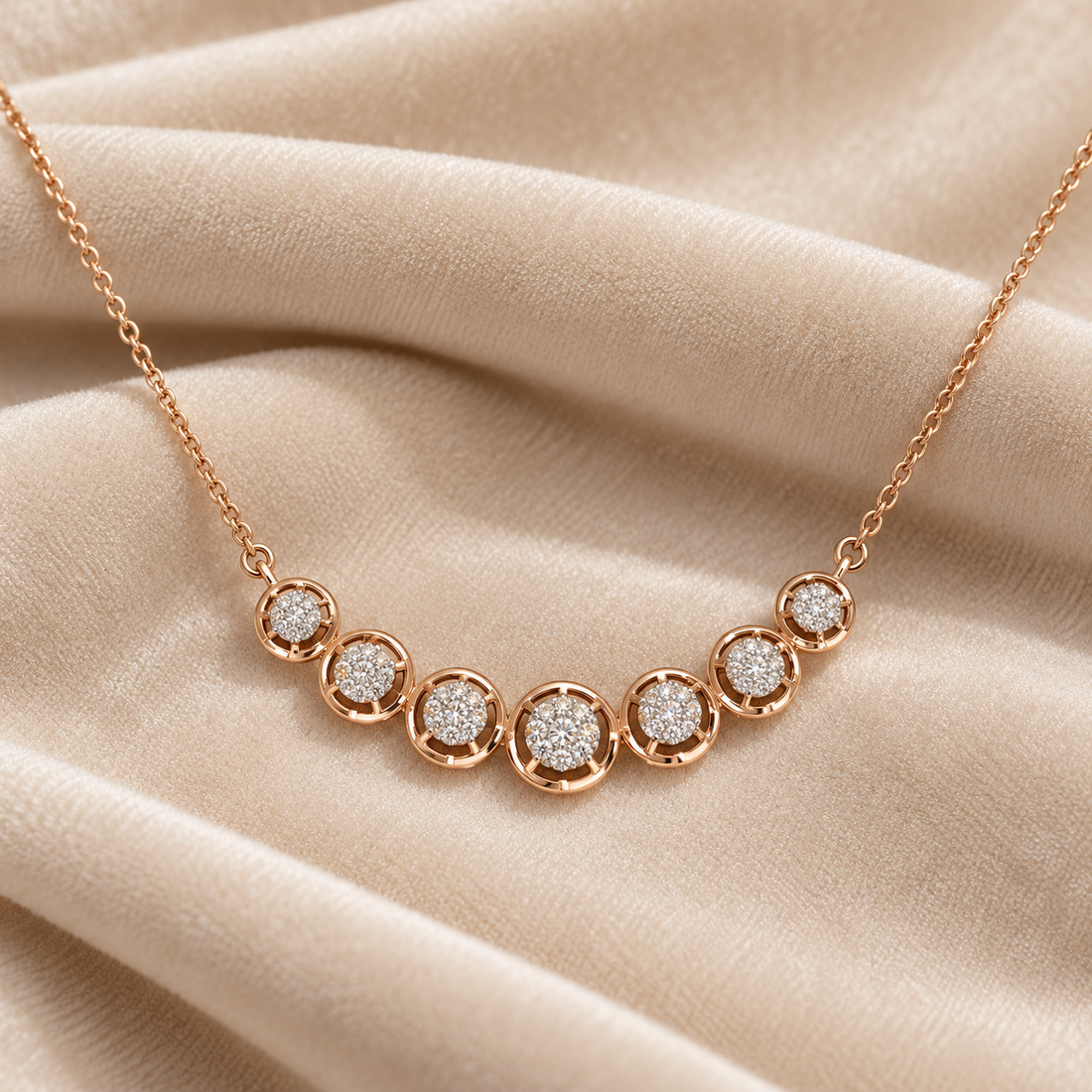 Seven Circle Round Stone Cluster Rose Gold Station Necklace