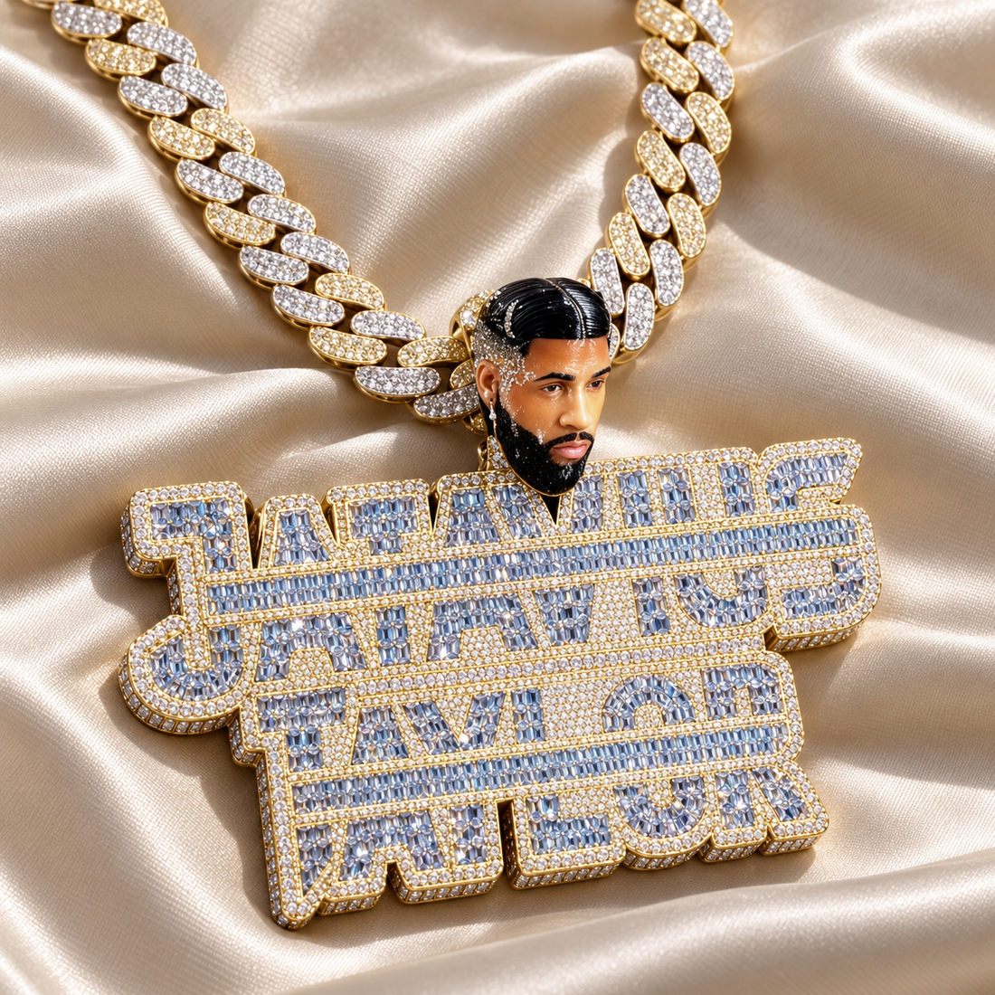Custom Portrait and Stacked Name Pendant with Blue Baguette-Style Stones and Gold-Tone Detailing