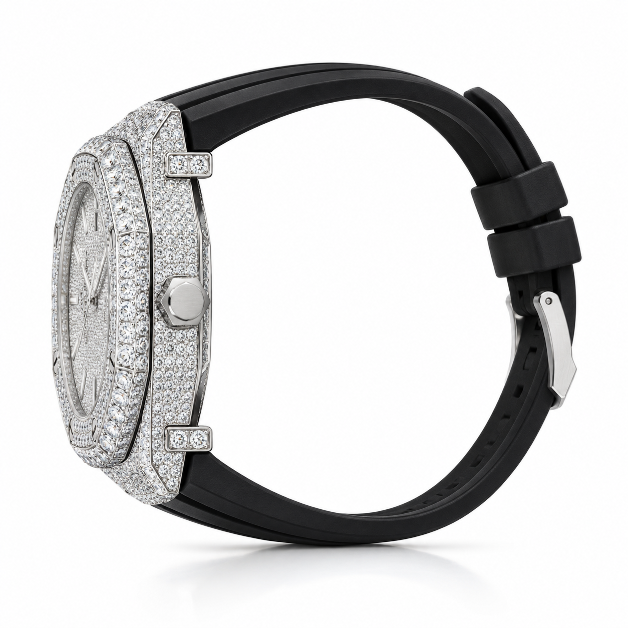 Iced Out Octagonal Silver-Tone Watch with Black Strap – Custom Diamond Statement Watch