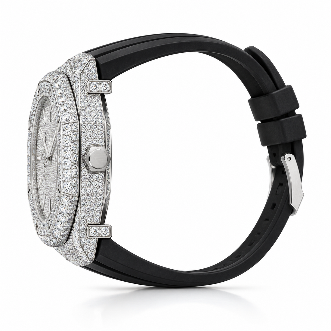 Iced Out Octagonal Silver-Tone Watch with Black Strap – Custom Diamond Statement Watch