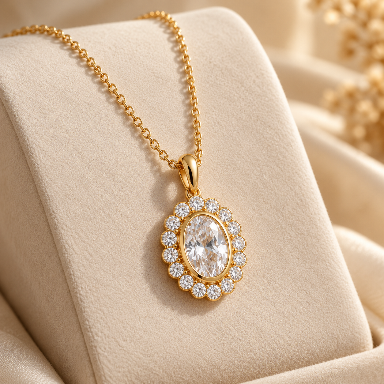 Oval Cut Halo Stone Yellow Gold Pendant Necklace
