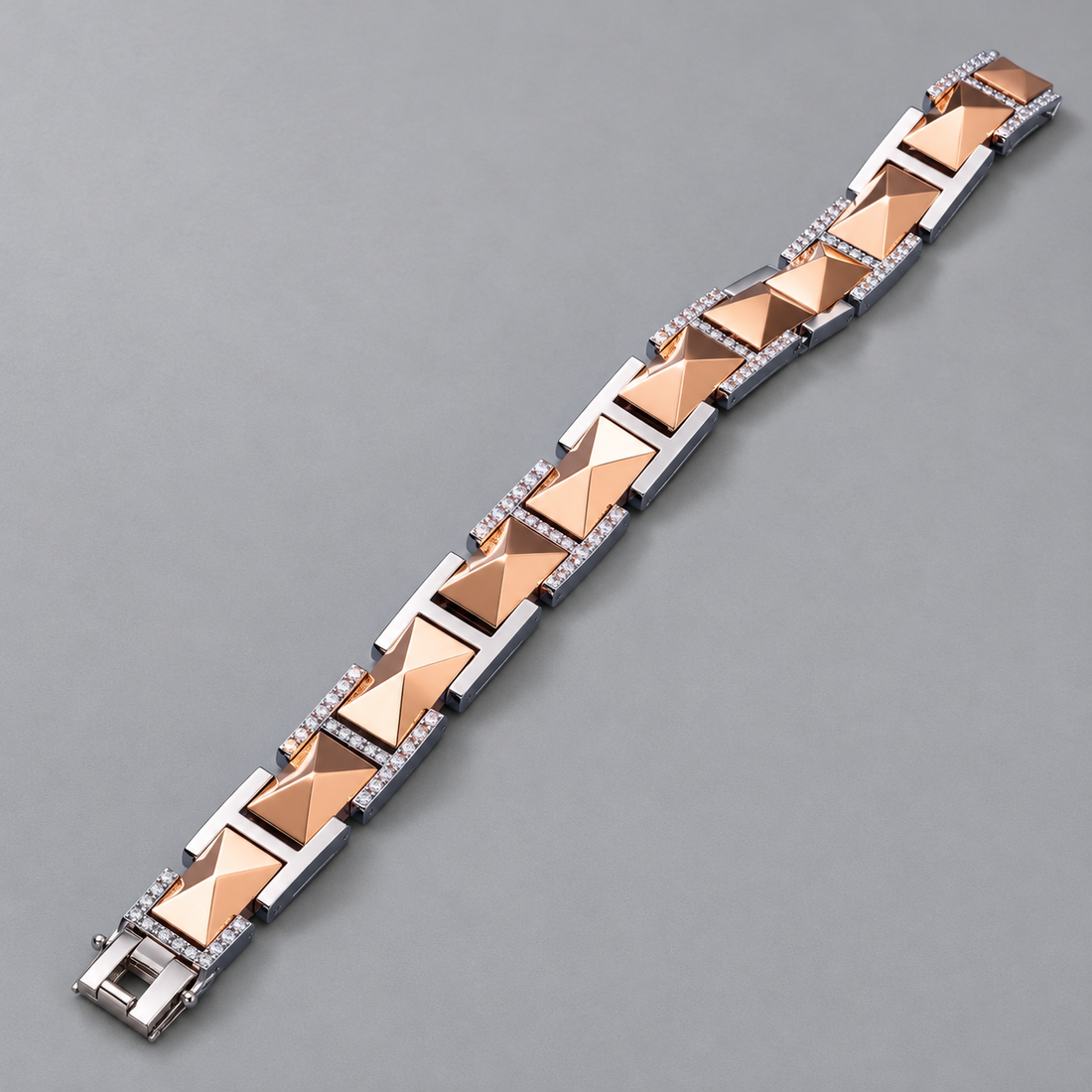 Two-Tone Rose Gold and Silver-Tone Pyramid Link Bracelet with Clear Stone Accents