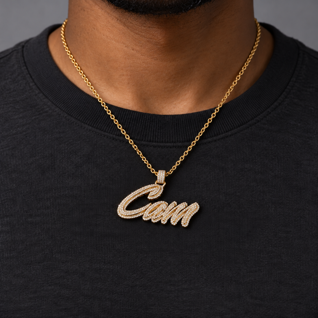 Cam Script Name Yellow Gold-Tone Pavé Pendant with Clear Round Stones