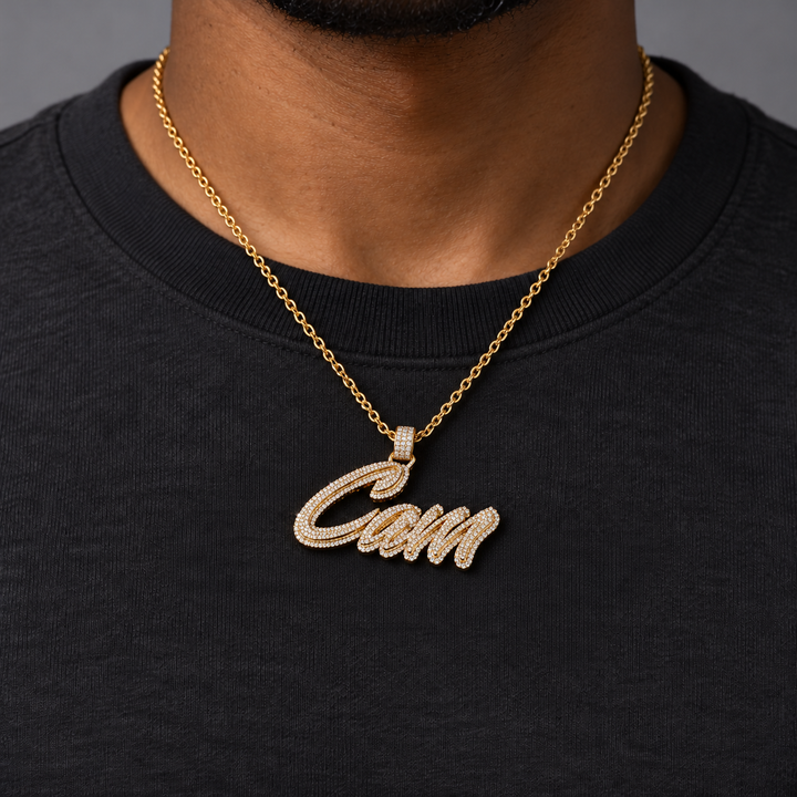 Cam Script Name Yellow Gold-Tone Pavé Pendant with Clear Round Stones