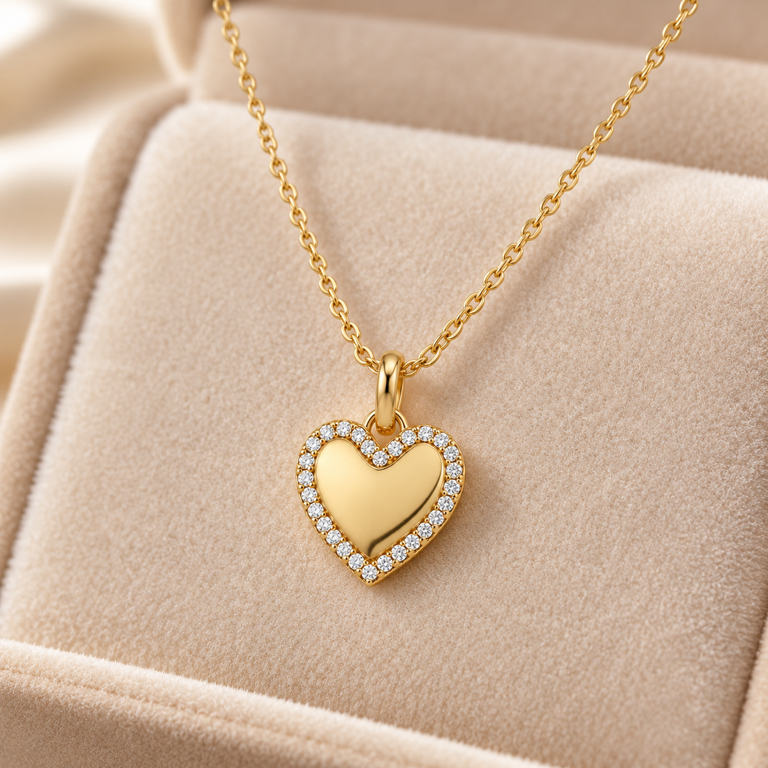Round Cut Pavé Halo Heart Yellow Gold Pendant Necklace