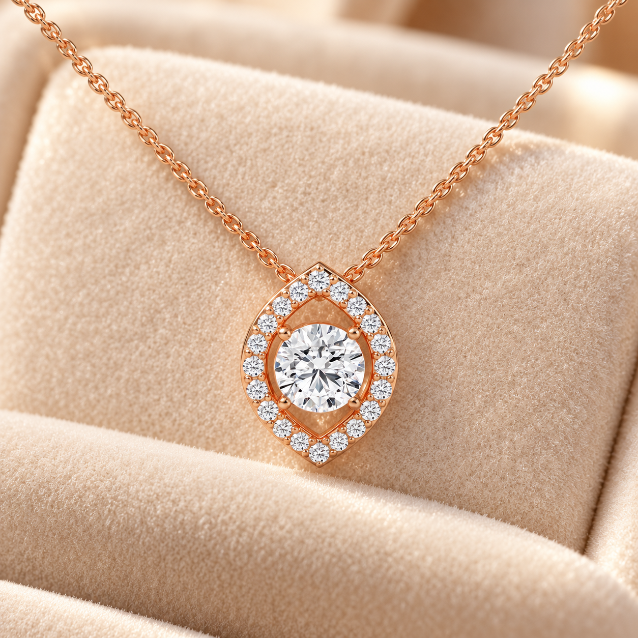 Round Cut Solitaire Marquise Halo Rose Gold Pendant Necklace