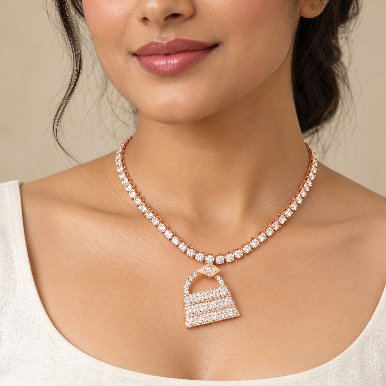 Rose Gold-Tone Tennis Necklace with Pavé Handbag Pendant