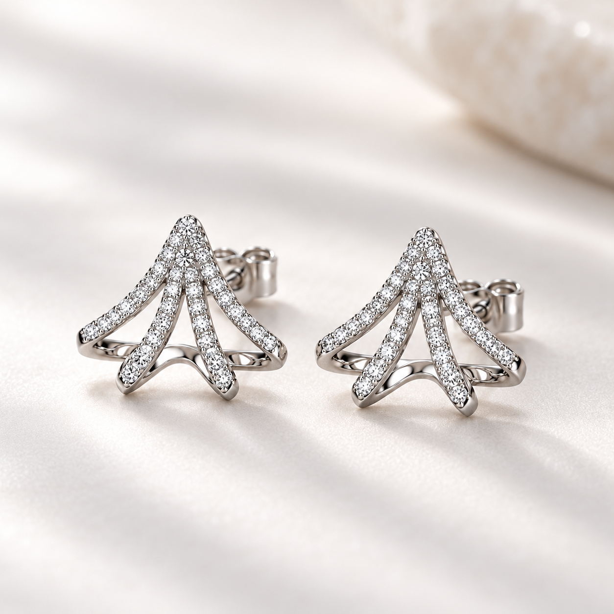 Pavé Openwork Fan Earrings in White Gold Tone