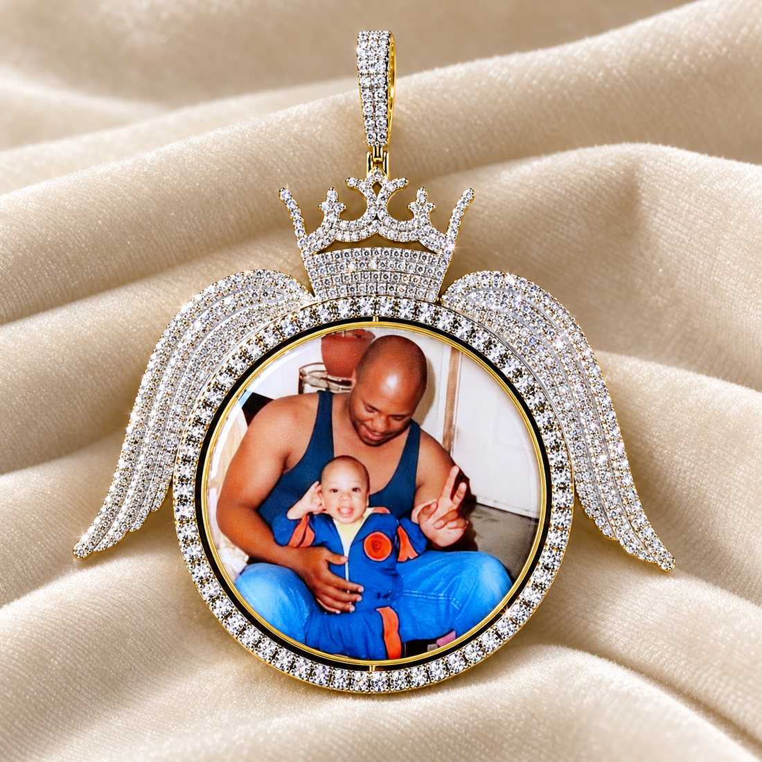Custom Crown Angel Wings Photo Pendant – Two Tone Iced Out Hip Hop Jewelry