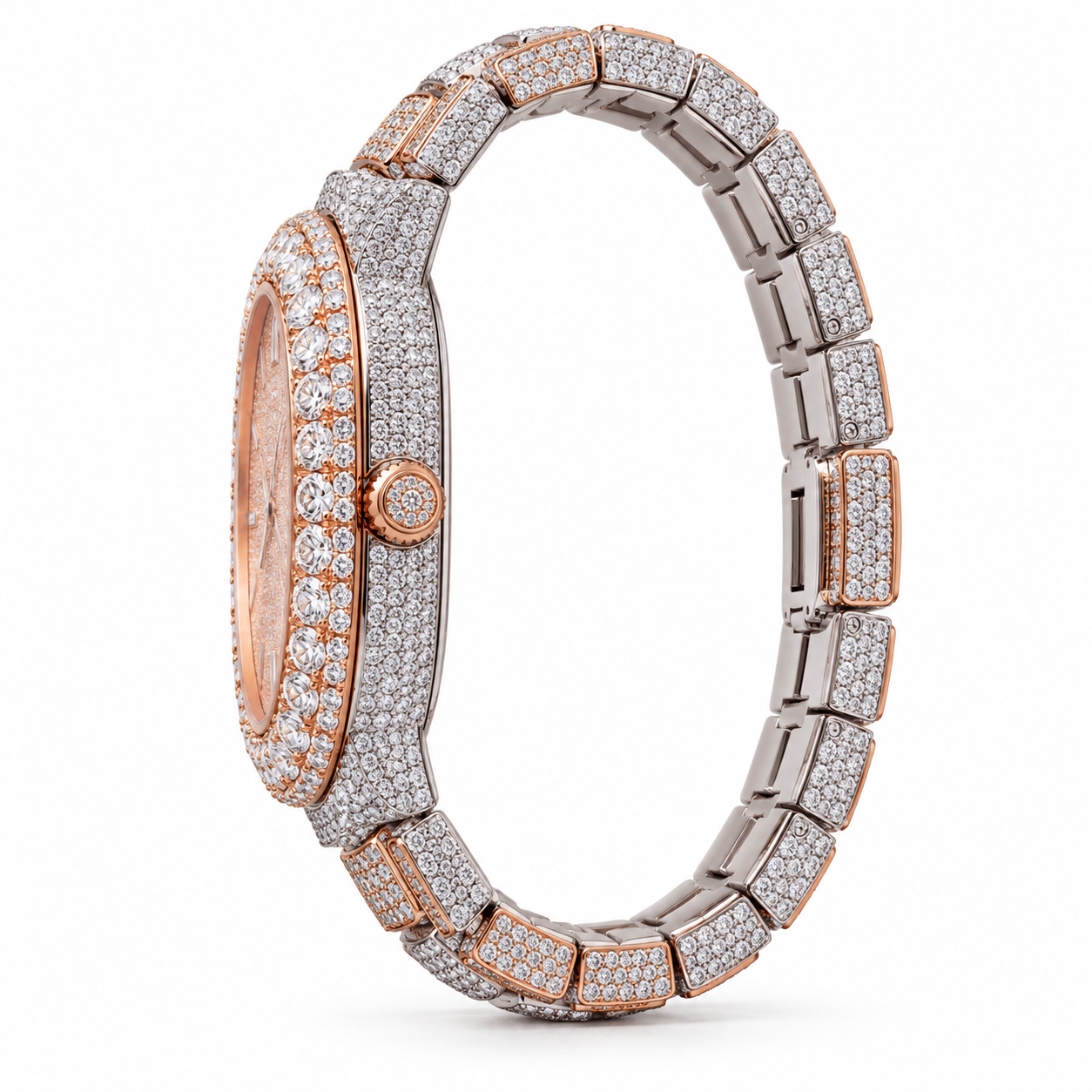 Iced Out Round Two Tone Rose Gold & Silver-Tone Watch – Custom Diamond Statement Watch