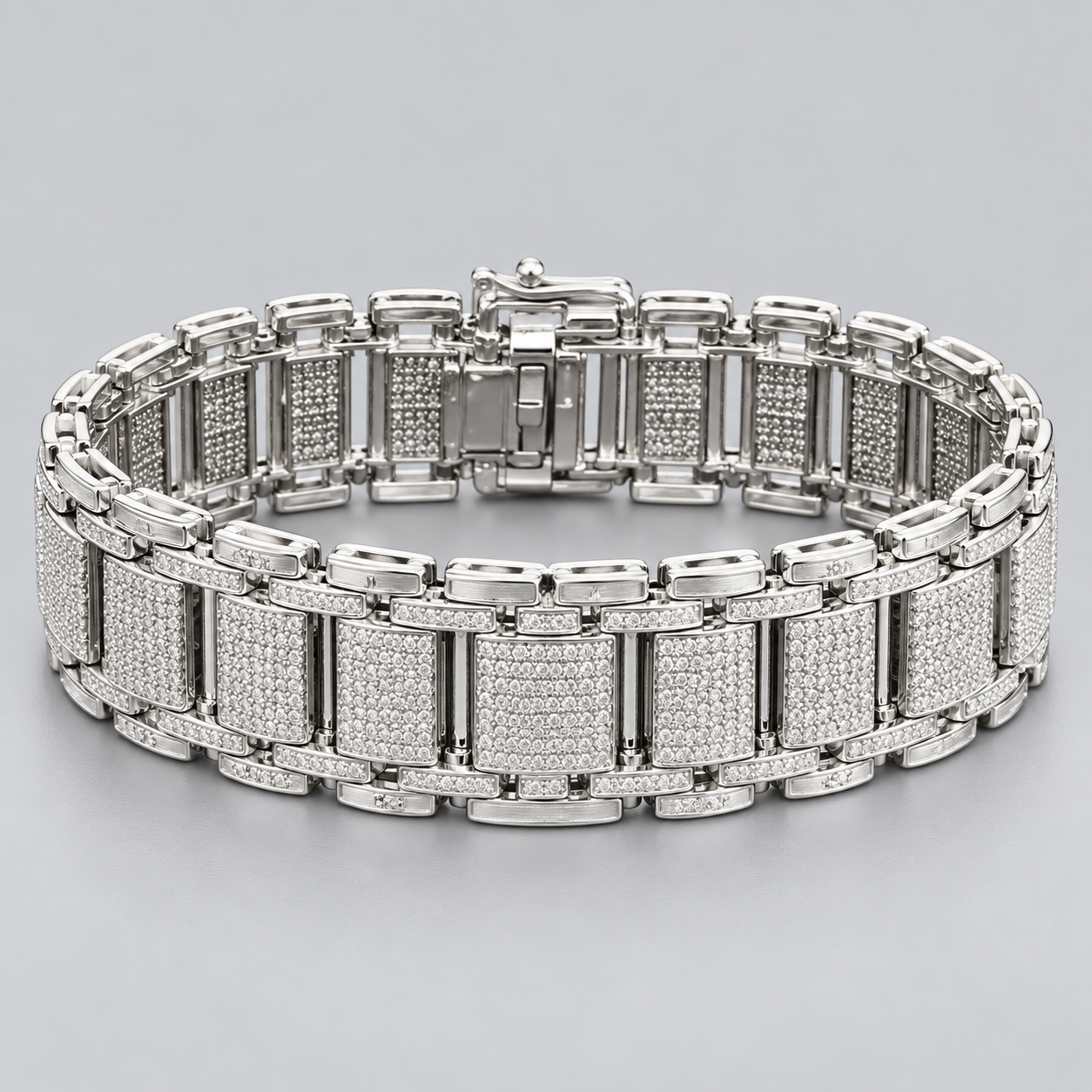 Men’s Silver-Tone Rectangular Pavé Panel Link Bracelet