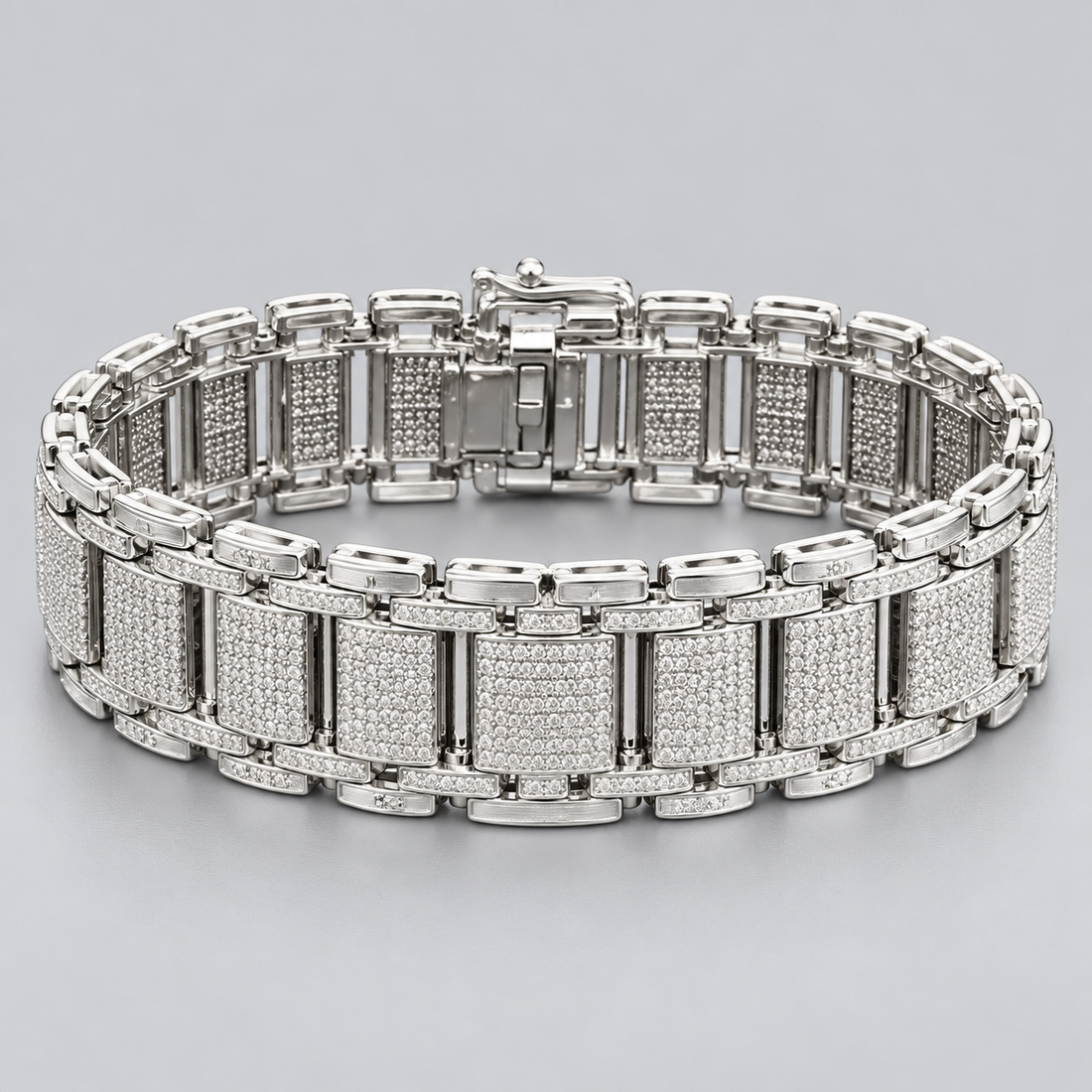 Men’s Silver-Tone Rectangular Pavé Panel Link Bracelet
