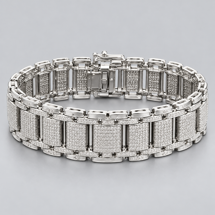 Men’s Silver-Tone Rectangular Pavé Panel Link Bracelet