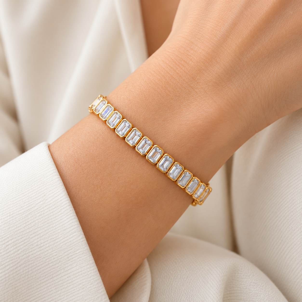 Emerald-Cut Bezel-Set Yellow Gold-Tone Tennis Bracelet